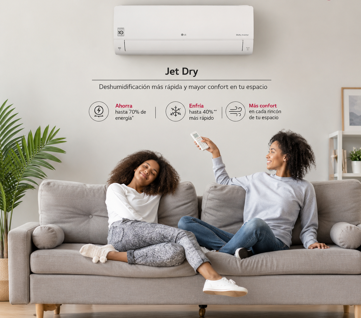 JetDry y Soft Dry: reduce la humedad y mejora el confort Además de enfriar y calentar, el LG SMART 12 R32 incorpora funciones pensadas para mejorar el confort ambiental, como JetDry y Soft Dry Operation.  Estas funciones ayudan a reducir la humedad del aire, creando un ambiente más agradable, seco y confortable. Son especialmente útiles en zonas húmedas, días de bochorno o estancias donde se nota el aire cargado.  Con el modo deshumidificación, no solo mejoras la temperatura, también consigues una sensación de confort más equilibrada.
